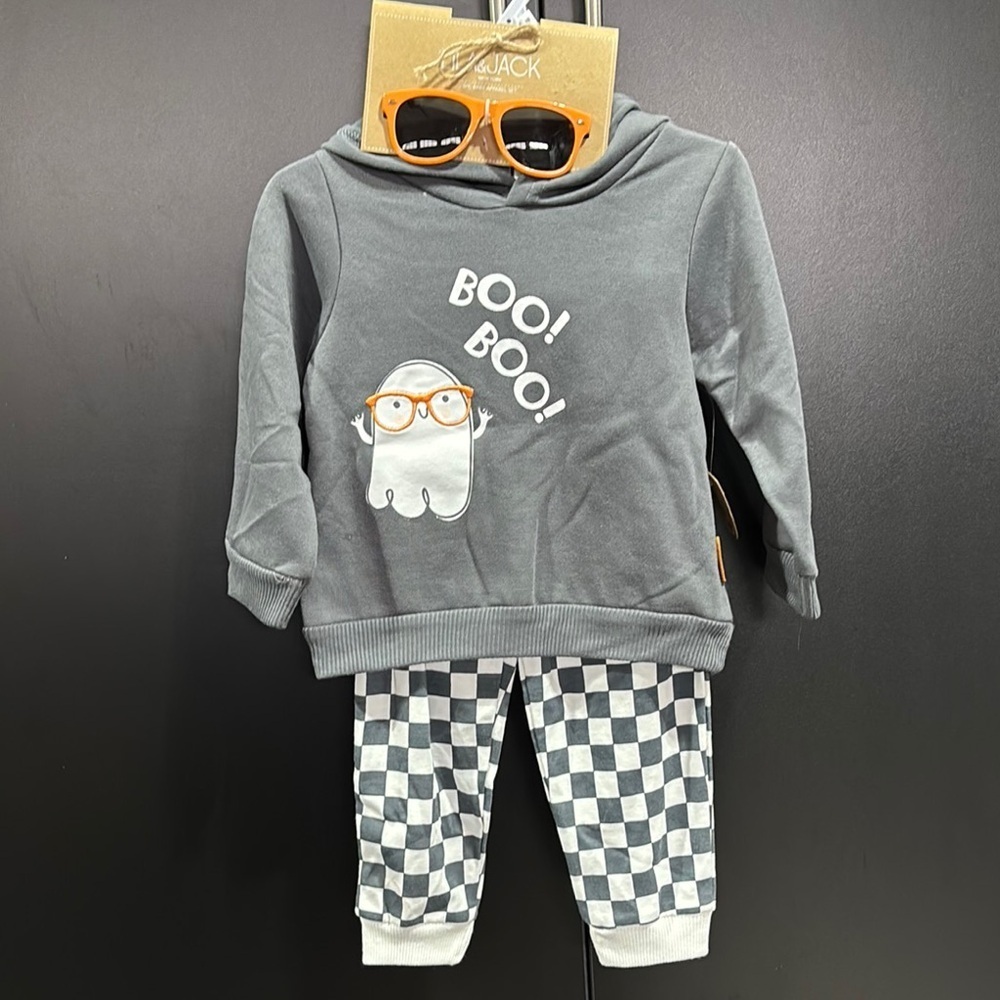 🎉 (18-24m) Kids Matching Set - Gray 'Boo! Boo!' Hoodie & Check Pants